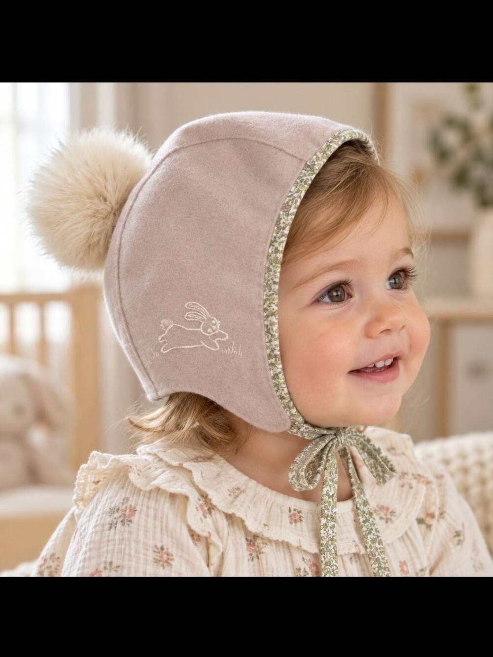 Wool Blush Pom-Pom Bonnet with Embroidery Detail | 12M